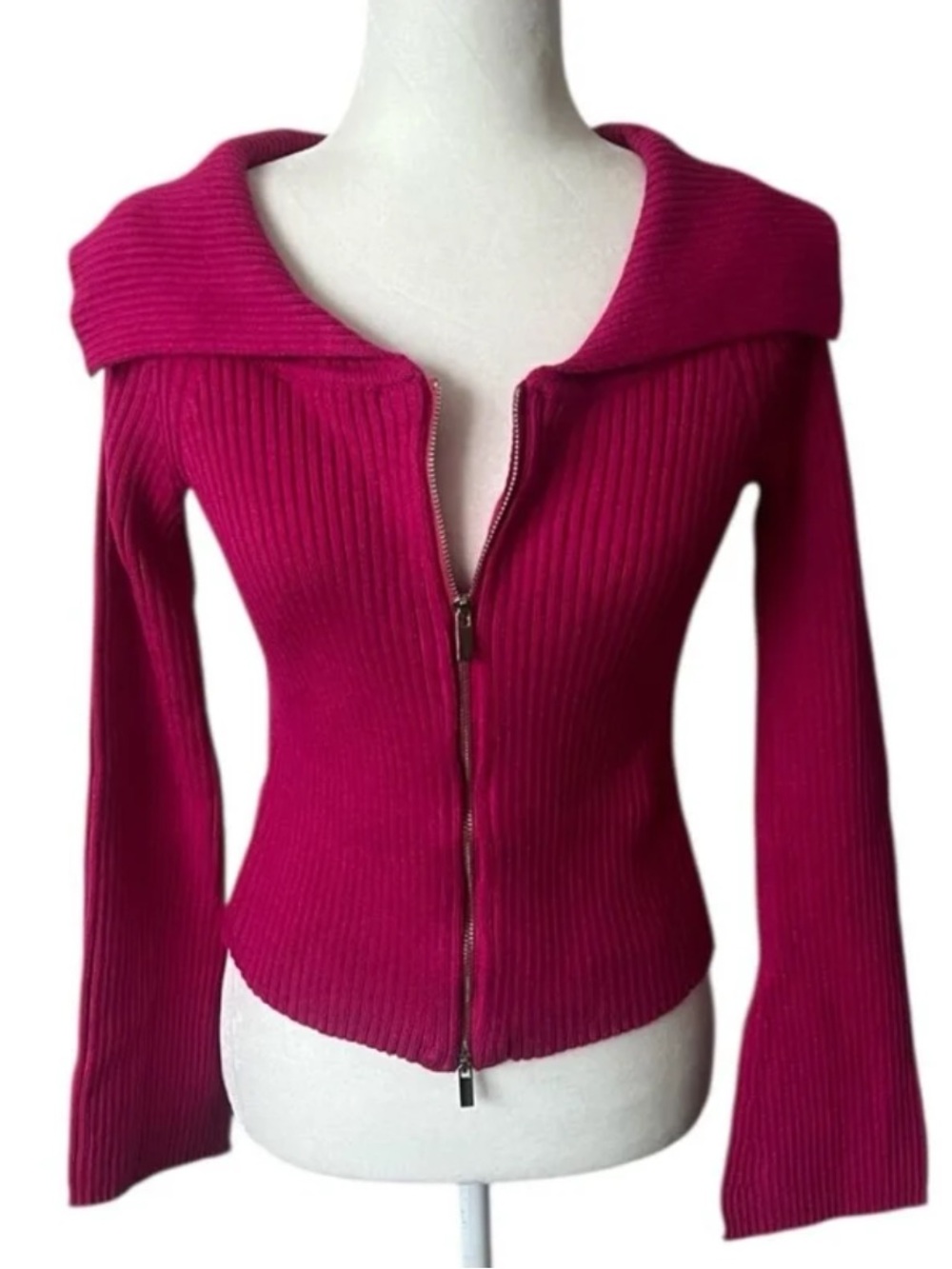 Area Stars Magenta Ribbed Double Zip Cardigan Wide Collar Bell Sleeve L NWT